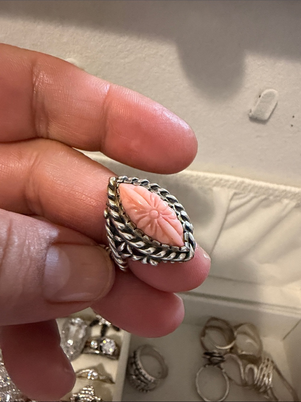 Hand-Carved Pink Coral Teardrop Ring in Silver